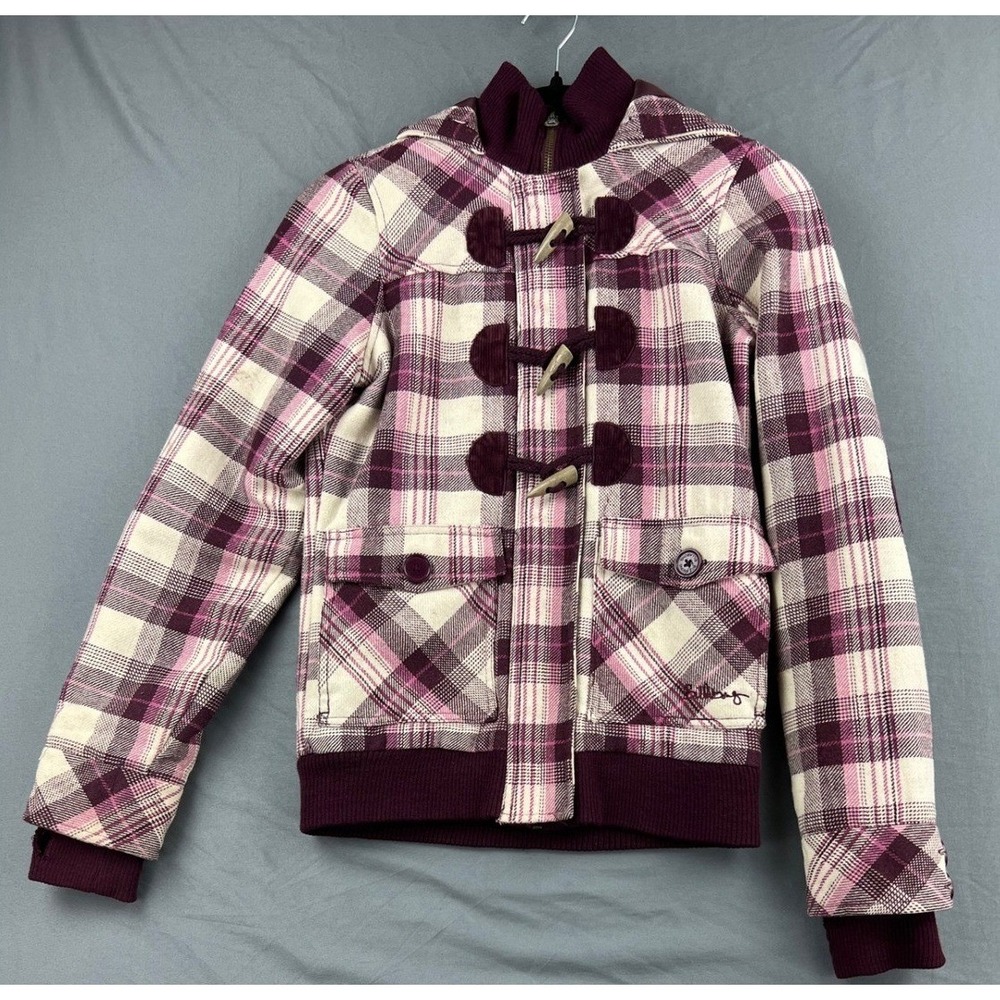 Billabong Plaid Hooded Toggle Jacket Kids Purple Pink Corduroy Elbow Patch Fair